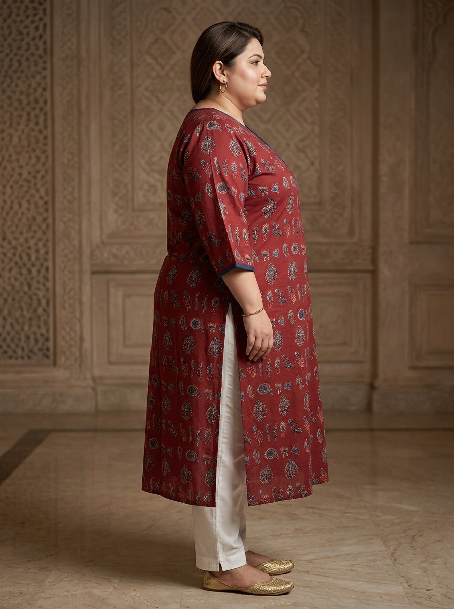 Maroon Pure Cotton Floral Print Straight Kurta Plus Size-100118