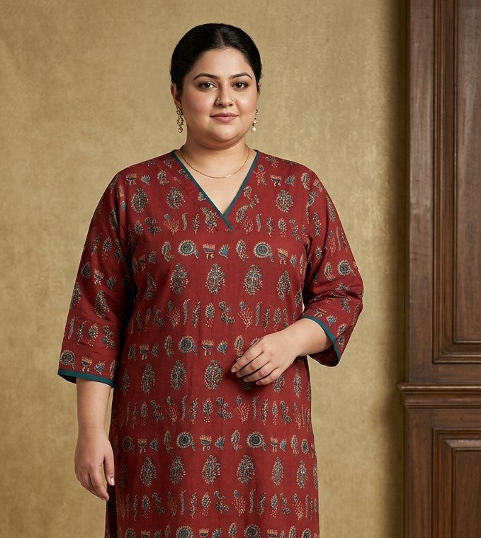 Maroon Pure Cotton Floral Print Straight Kurta Plus Size-100118 Secondary image