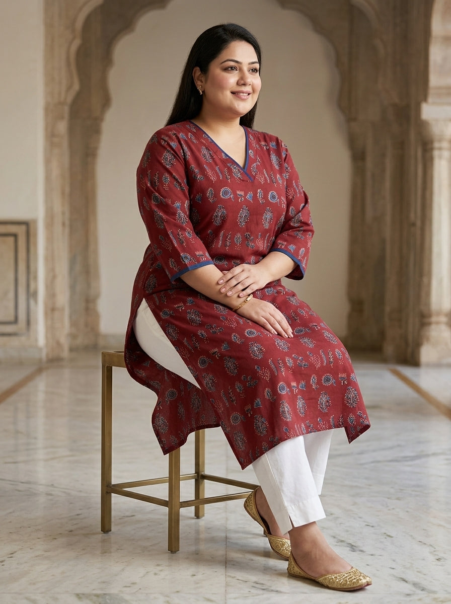 Maroon Pure Cotton Floral Print Straight Kurta Plus Size-100118