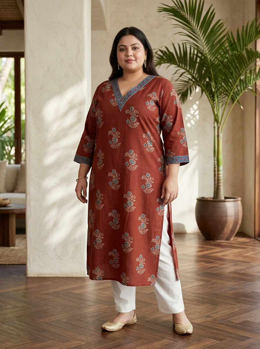 Maroon Pure Cotton Floral Print Straight Kurta Plus Size-100119