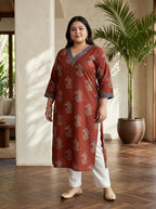 Maroon Pure Cotton Floral Print Straight Kurta Plus Size-100119