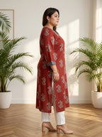 Maroon Pure Cotton Floral Print Straight Kurta Plus Size-100119