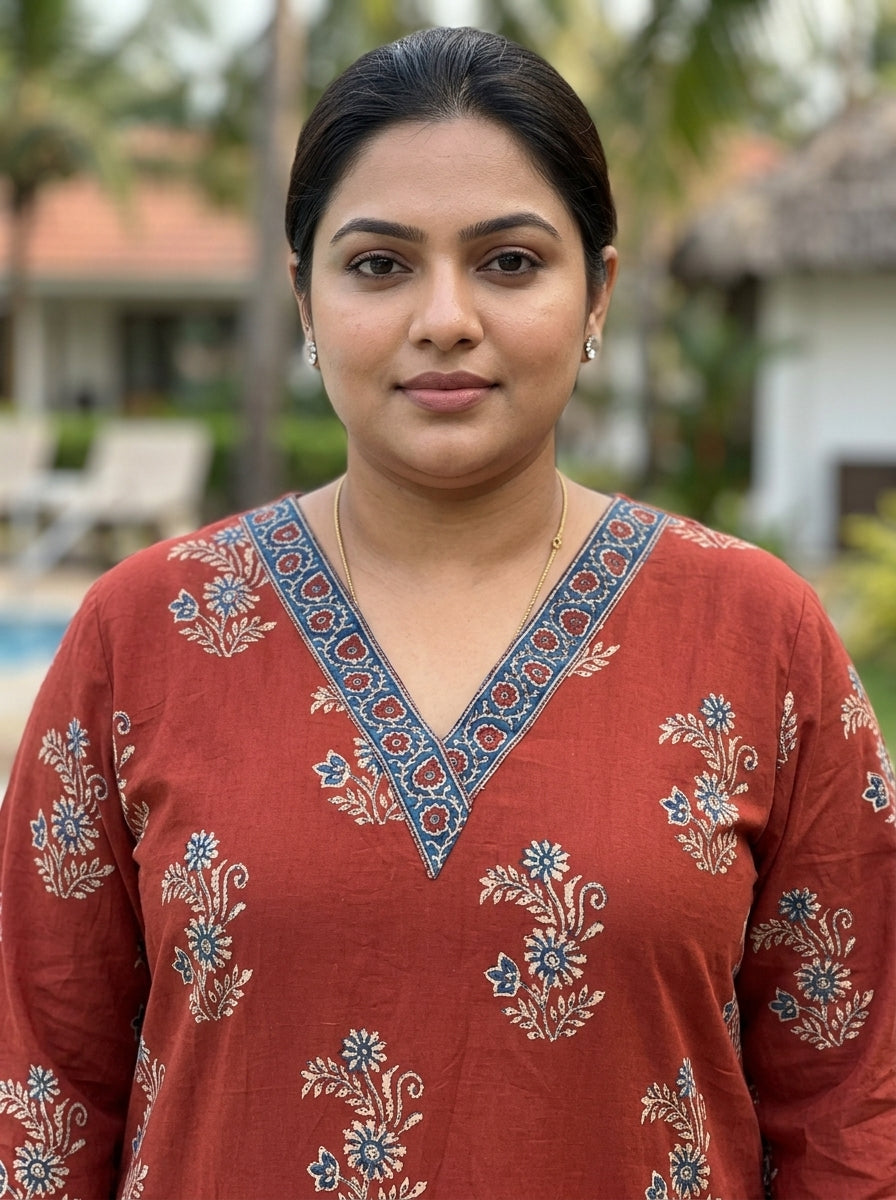 Maroon Pure Cotton Floral Print Straight Kurta Plus Size-100119