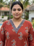 Maroon Pure Cotton Floral Print Straight Kurta Plus Size-100119