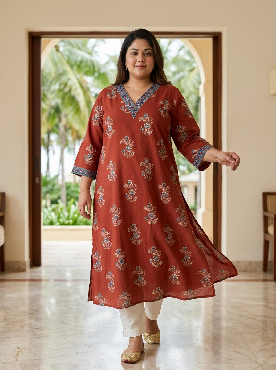 Maroon Pure Cotton Floral Print Straight Kurta Plus Size-100119