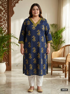 Plus Size Blue Cotton Floral Print Straight Kurta-100120
