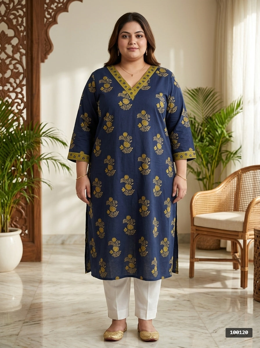Plus Size Blue Cotton Floral Print Straight Kurta-100120