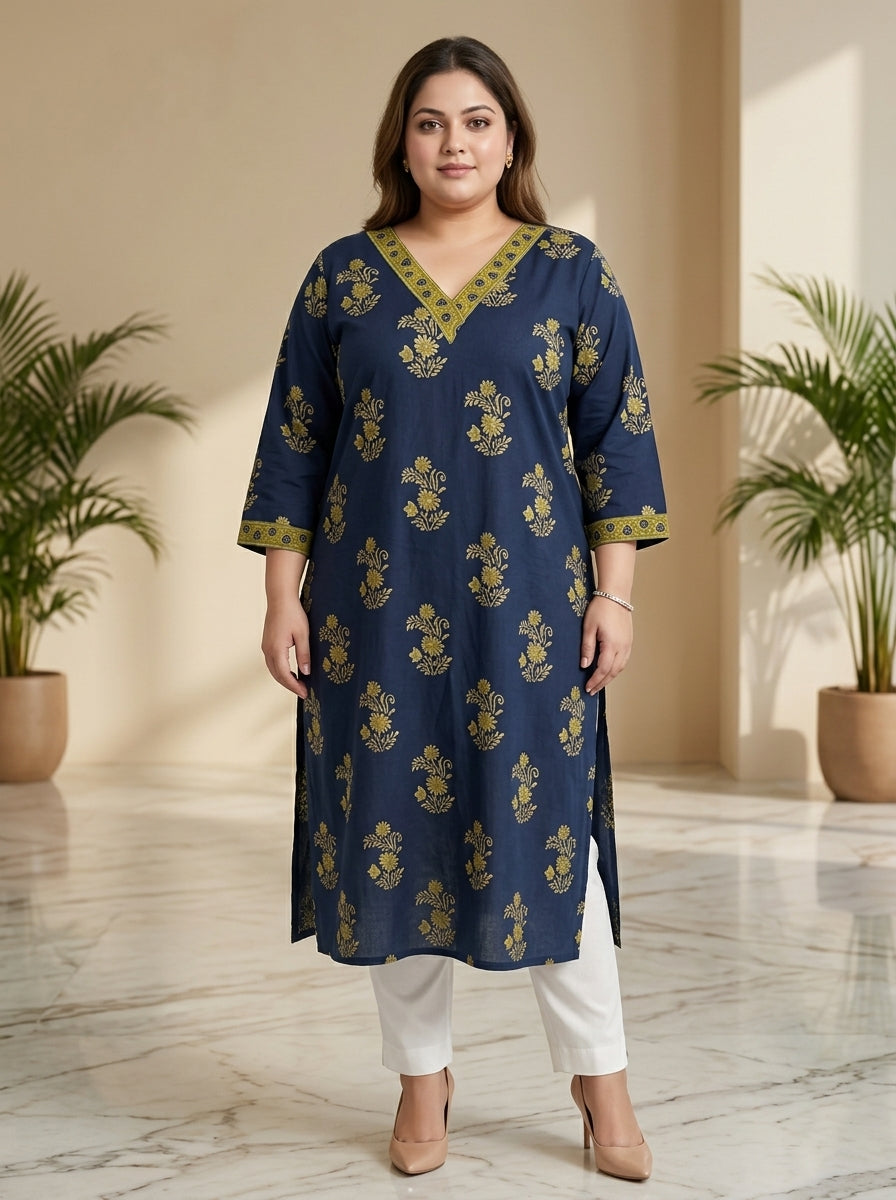 Plus Size Blue Cotton Floral Print Straight Kurta-100120 Secondary image