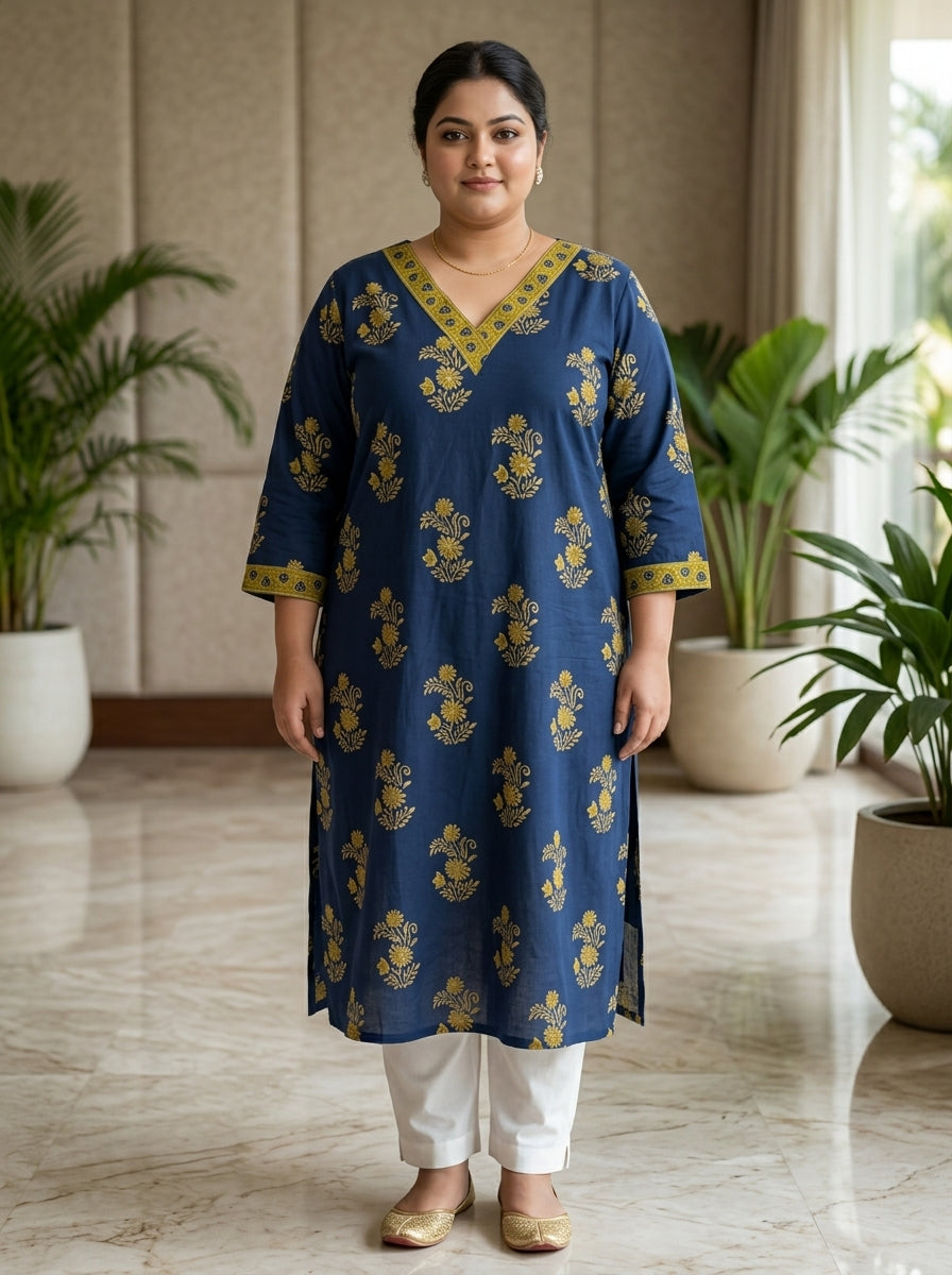 Plus Size Blue Cotton Floral Print Straight Kurta-100120