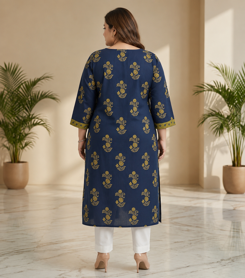 Plus Size Blue Cotton Floral Print Straight Kurta-100120
