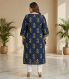 Plus Size Blue Cotton Floral Print Straight Kurta-100120