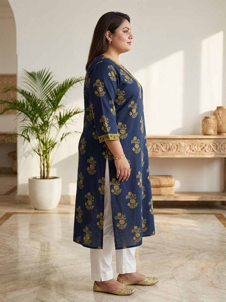 Plus Size Blue Cotton Floral Print Straight Kurta-100120