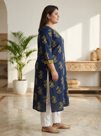 Plus Size Blue Cotton Floral Print Straight Kurta-100120