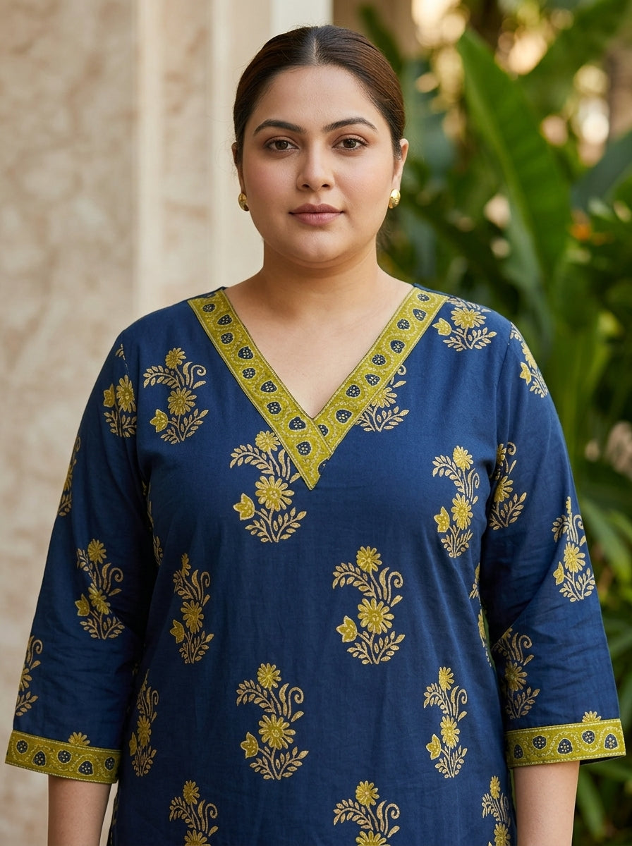 Plus Size Blue Cotton Floral Print Straight Kurta-100120