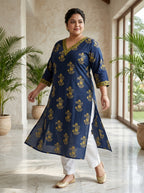 Plus Size Blue Cotton Floral Print Straight Kurta-100120