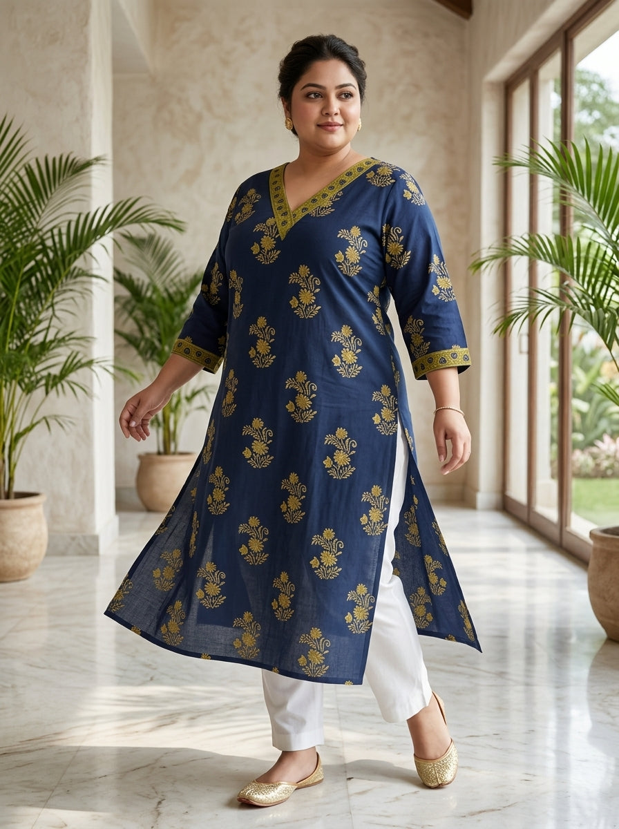 Plus Size Blue Cotton Floral Print Straight Kurta-100120