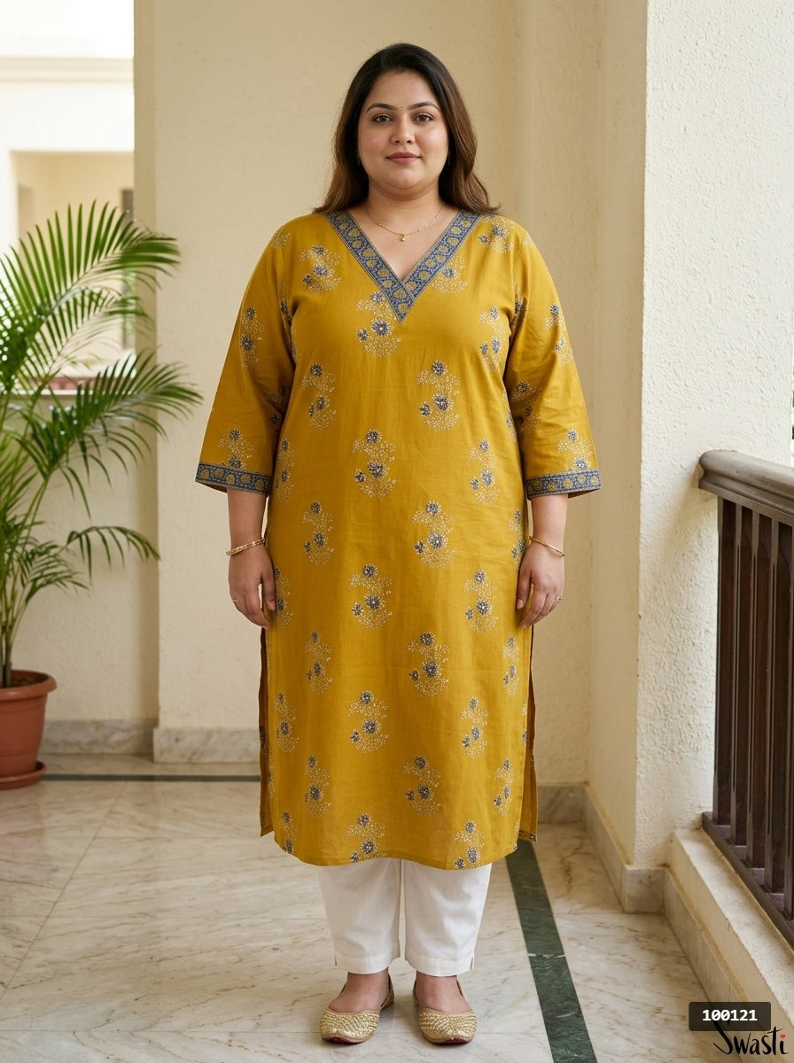 Yellow Pure Cotton Floral Print Straight Kurta Plus Size-100121
