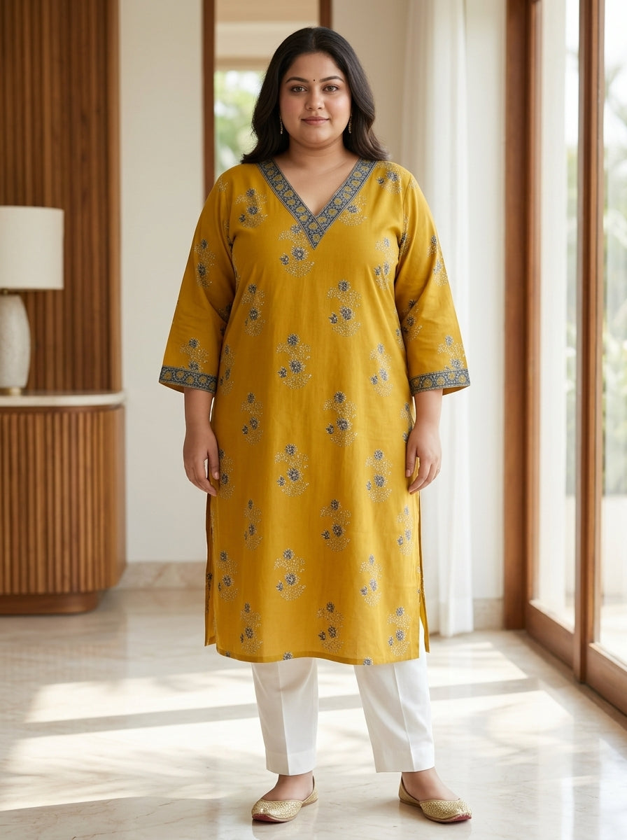 Yellow Pure Cotton Floral Print Straight Kurta Plus Size-100121 Main image