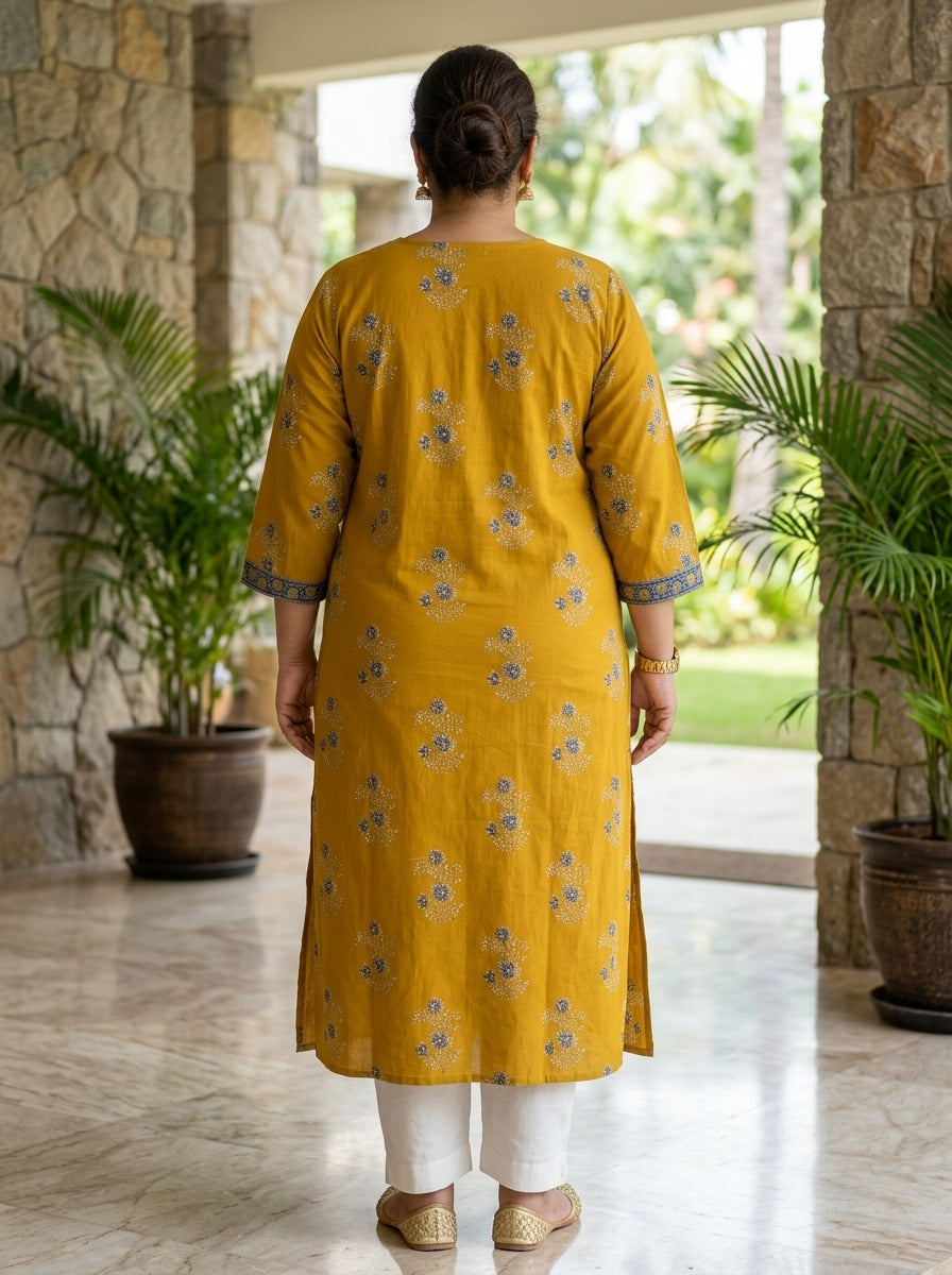 Yellow Pure Cotton Floral Print Straight Kurta Plus Size-100121