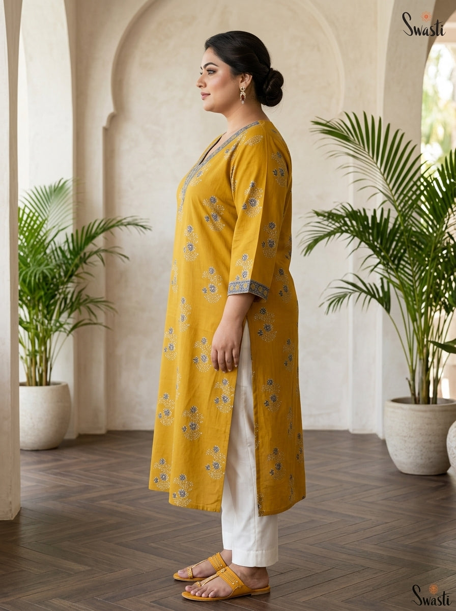 Yellow Pure Cotton Floral Print Straight Kurta Plus Size-100121