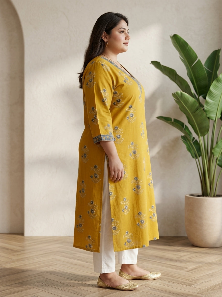 Yellow Pure Cotton Floral Print Straight Kurta Plus Size-100121