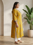 Yellow Pure Cotton Floral Print Straight Kurta Plus Size-100121