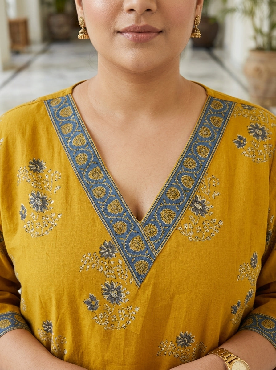 Yellow Pure Cotton Floral Print Straight Kurta Plus Size-100121