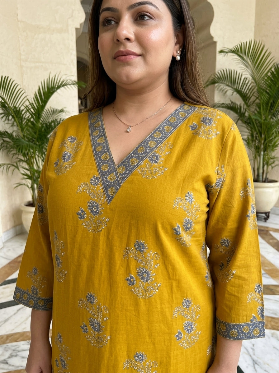 Yellow Pure Cotton Floral Print Straight Kurta Plus Size-100121