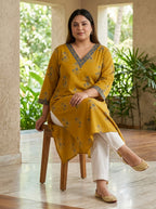Yellow Pure Cotton Floral Print Straight Kurta Plus Size-100121