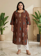 Plus Size Brown Cotton Floral Print Straight Kurta-100122
