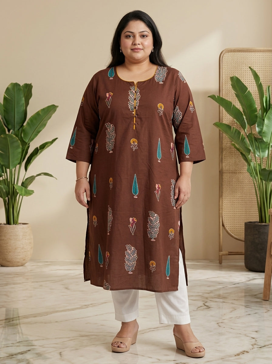 Plus Size Brown Cotton Floral Print Straight Kurta-100122