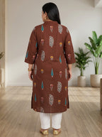 Plus Size Brown Cotton Floral Print Straight Kurta-100122