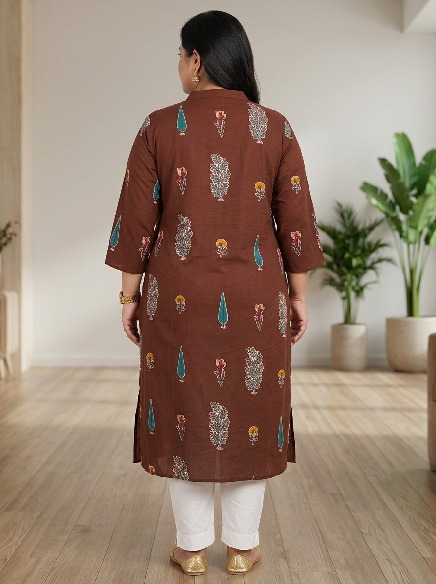 Plus Size Brown Cotton Floral Print Straight Kurta-100122