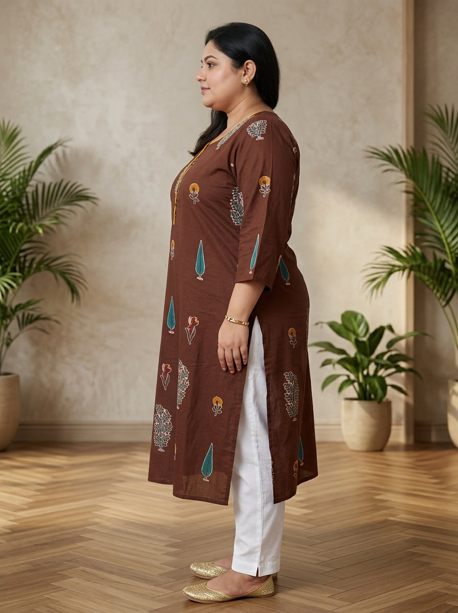 Plus Size Brown Cotton Floral Print Straight Kurta-100122