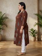 Plus Size Brown Cotton Floral Print Straight Kurta-100122