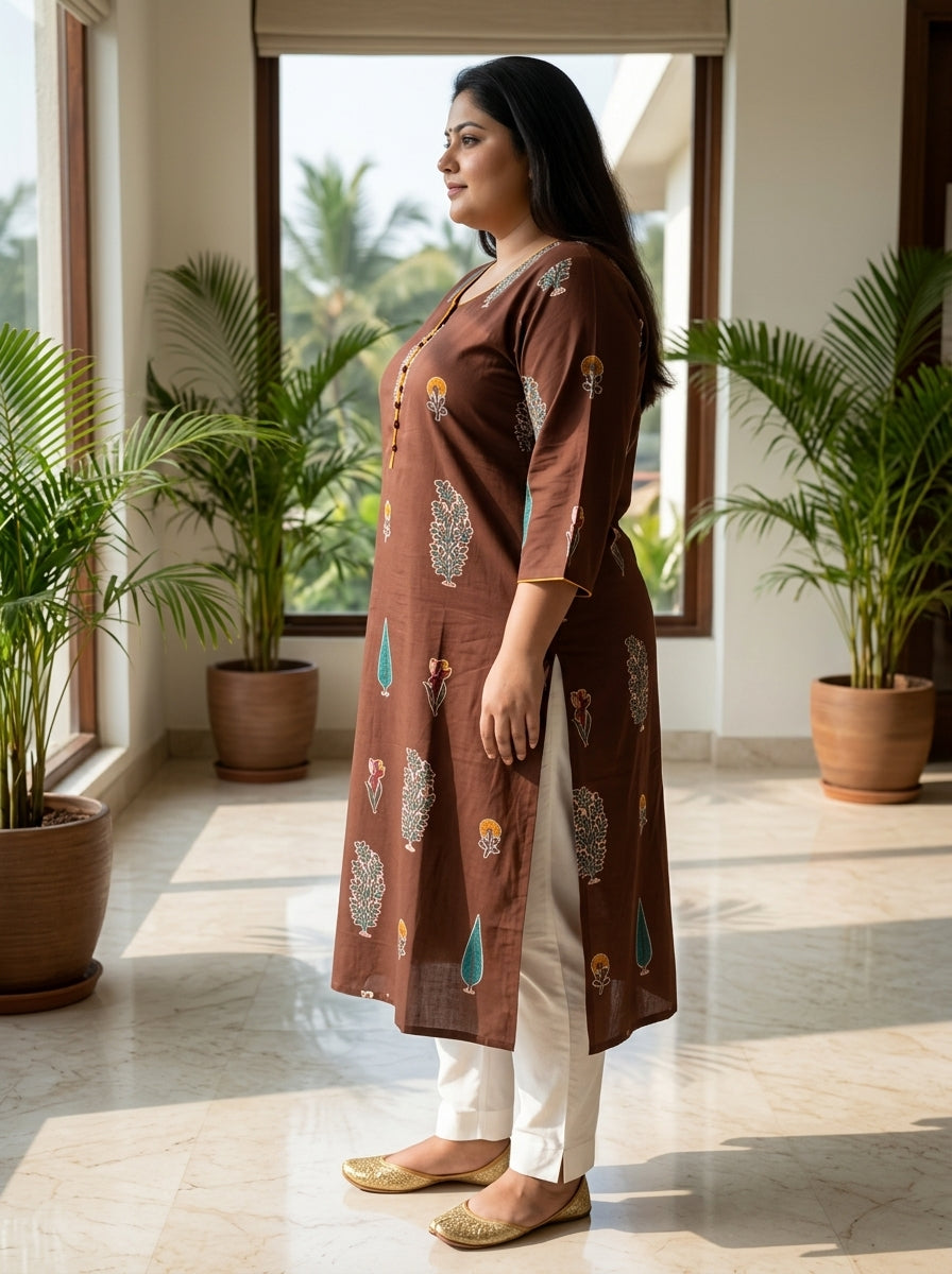 Plus Size Brown Cotton Floral Print Straight Kurta-100122