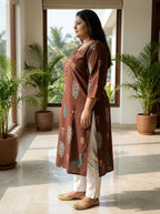 Plus Size Brown Cotton Floral Print Straight Kurta-100122