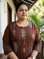 Plus Size Brown Cotton Floral Print Straight Kurta-100122