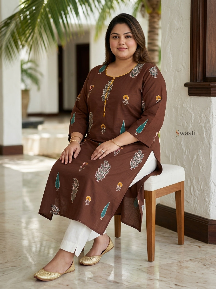 Plus Size Brown Cotton Floral Print Straight Kurta-100122