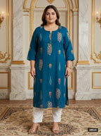 Plus Size Blue Cotton Floral Print Straight Kurta-100123