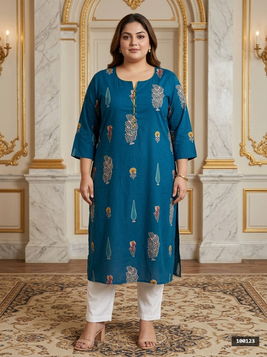 Plus Size Blue Cotton Floral Print Straight Kurta-100123