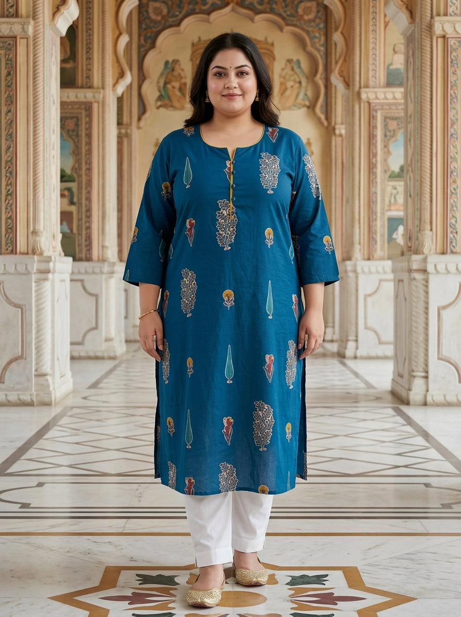 Plus Size Blue Cotton Floral Print Straight Kurta-100123