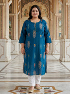 Plus Size Blue Cotton Floral Print Straight Kurta-100123