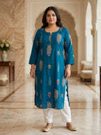 Plus Size Blue Cotton Floral Print Straight Kurta-100123