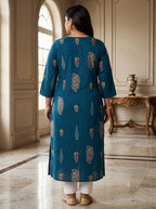 Plus Size Blue Cotton Floral Print Straight Kurta-100123