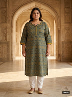 Plus Size T Blue Cotton Ajrakh Print Straight Kurta-100124