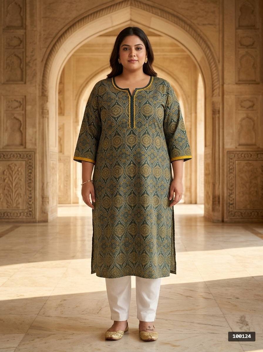 Plus Size T Blue Cotton Ajrakh Print Straight Kurta-100124