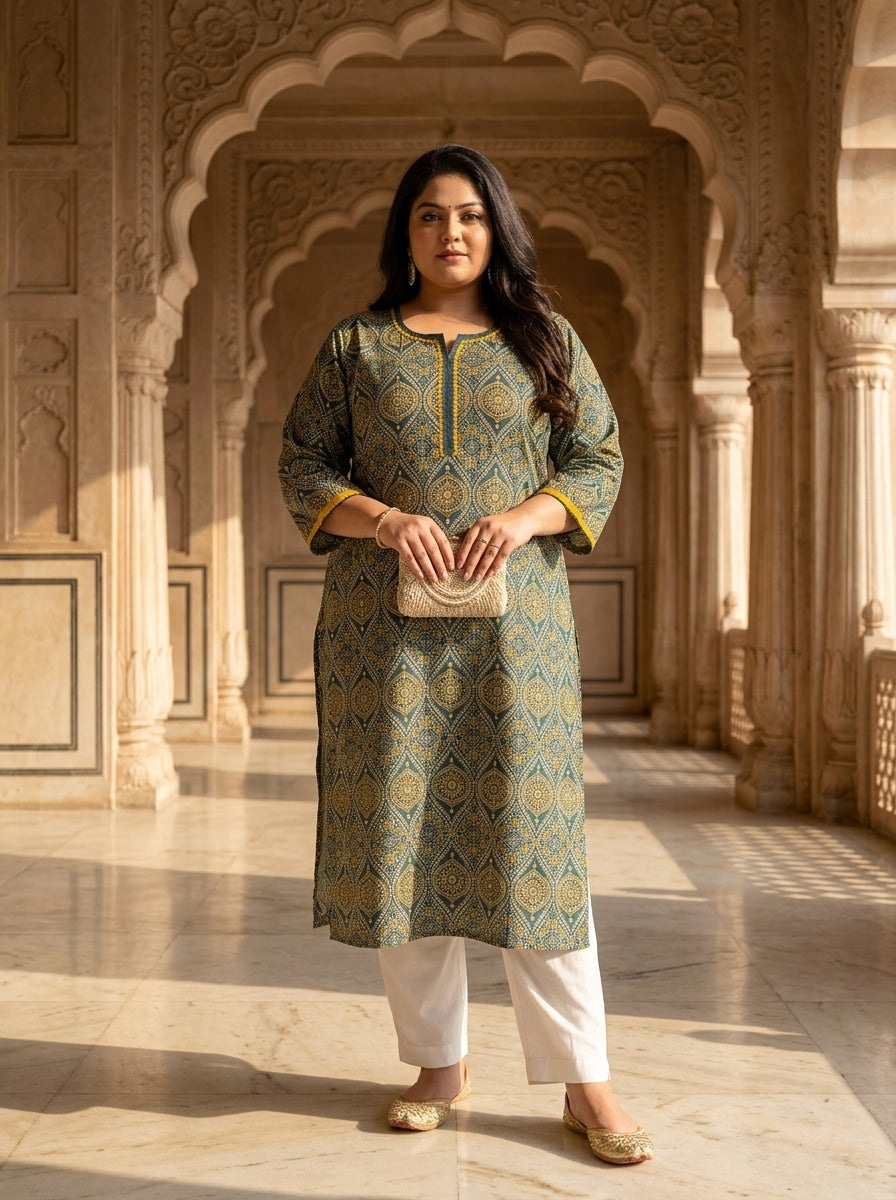 Plus Size T Blue Cotton Ajrakh Print Straight Kurta-100124