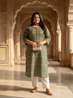 Plus Size T Blue Cotton Ajrakh Print Straight Kurta-100124