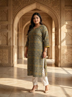 Plus Size T Blue Cotton Ajrakh Print Straight Kurta-100124